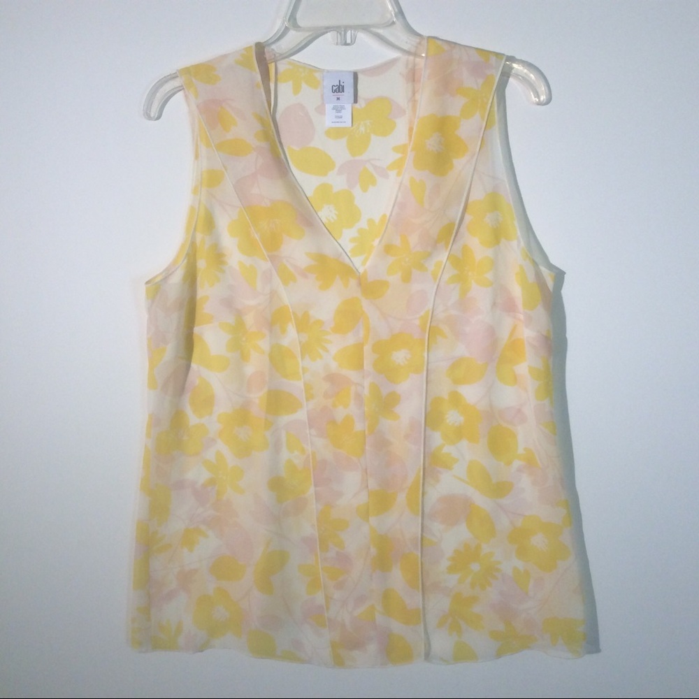CABI Tank Yellow Pink Floral Sleeveless V Neck Shirt Blouse Sleeveless Top
